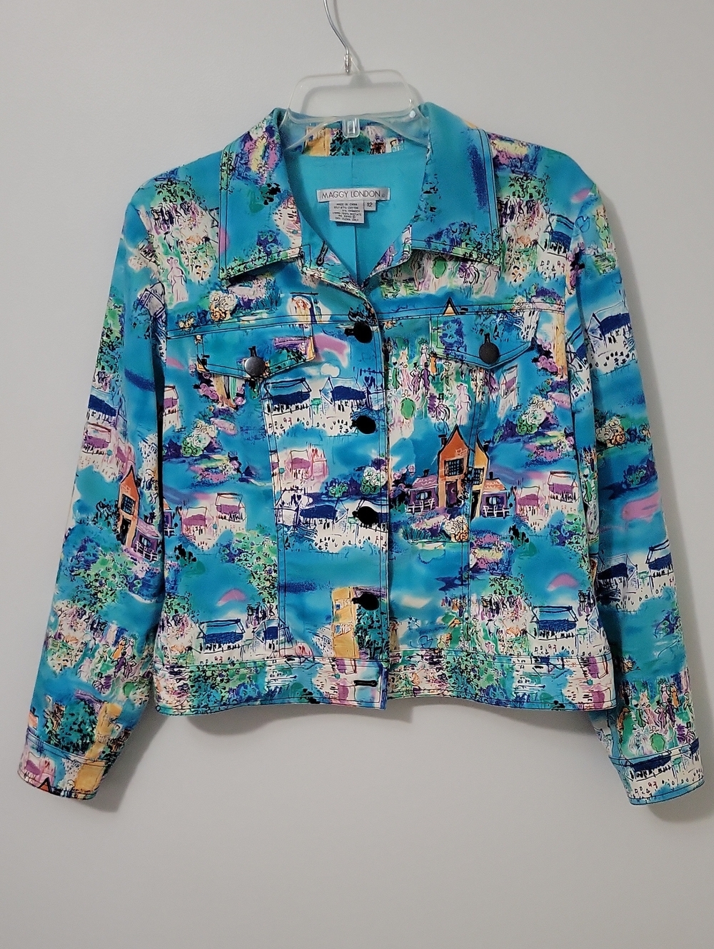 Maggy London Turquoise City Scene Print Jacket, Size 12